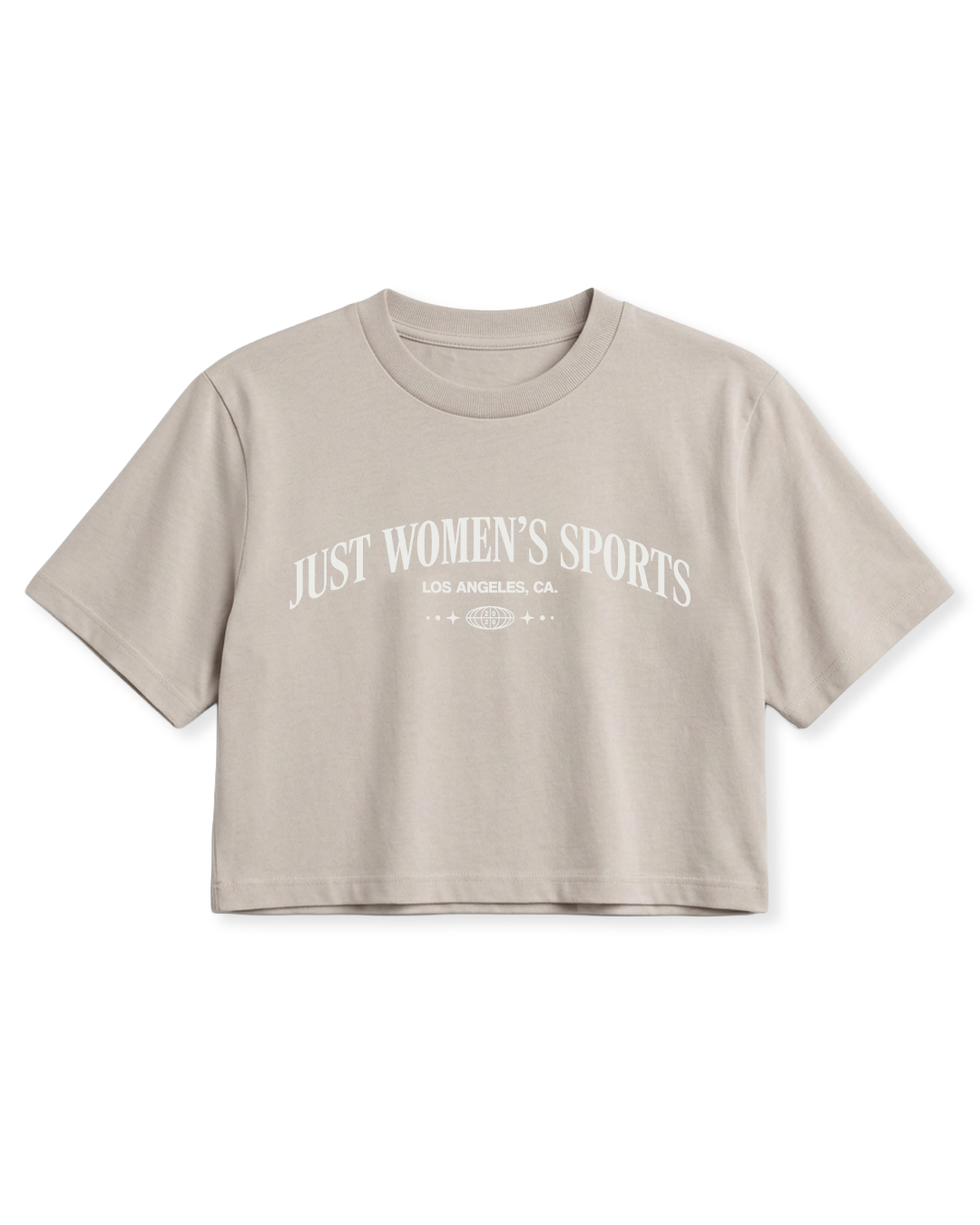 Beige crop top with Just Women's Sports text