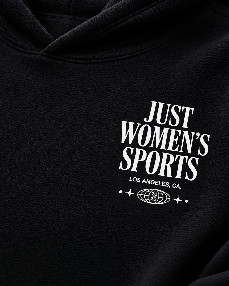 Black hoodie with Just Women's Sports text and logo
