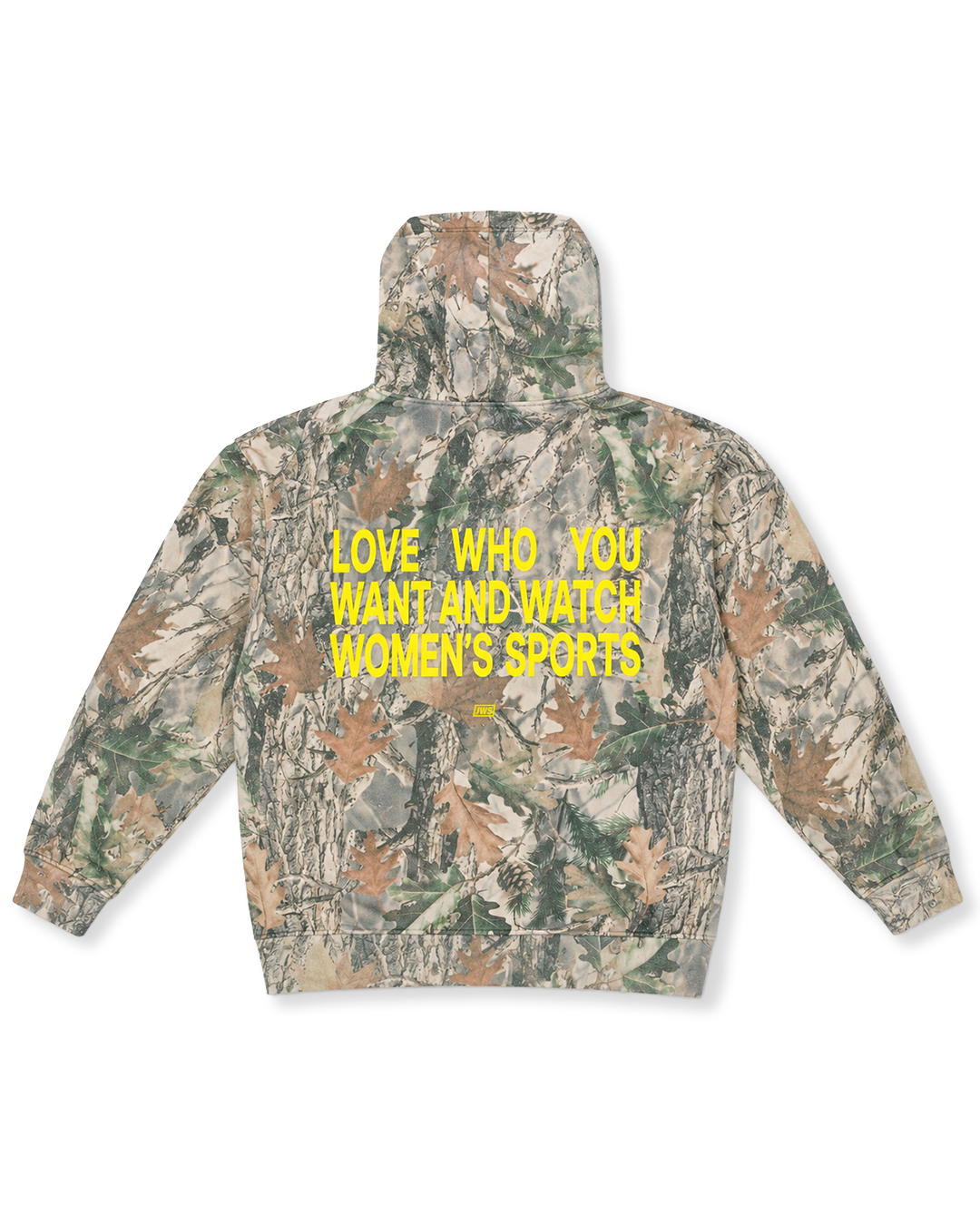 Camouflage hoodie with yellow text