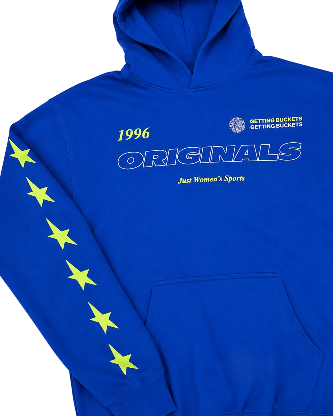 A royal blue pullover hoodie with yellow and white graphic text and star details.