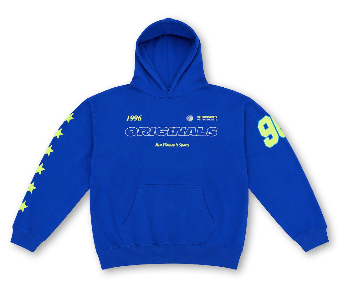 A royal blue pullover hoodie with yellow graphic details, featuring 'ORIGINALS' and 'Just Women's Sports' printed on the chest, with yellow stars on one sleeve and a yellow '95' on the other.