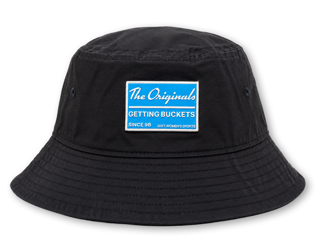 A black bucket hat with a rectangular blue and white patch on the front that reads 'The Originals GETTING BUCKETS SINCE 96'.