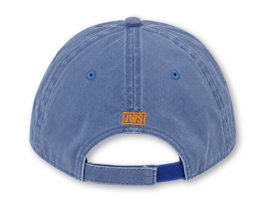 The back of a washed blue denim baseball cap with a small orange embroidered 'JWS' logo patch on the center back.