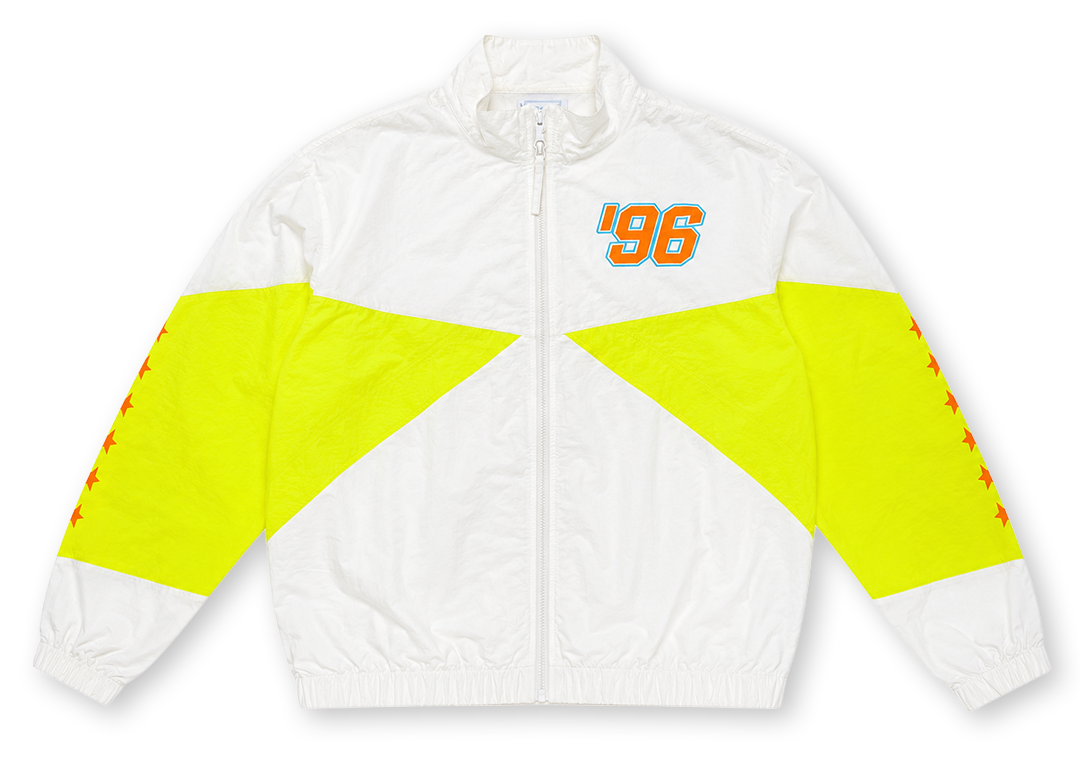 A white zip-up windbreaker jacket with a high collar, featuring a large neon yellow colorblock design across the chest and sleeves, and an orange '96' graphic on the left chest.